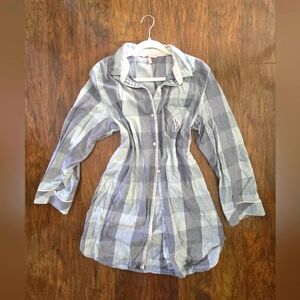 Victoria's Secret Gray Pink Medium Flannel Button Down Long Sleeve Nightgown